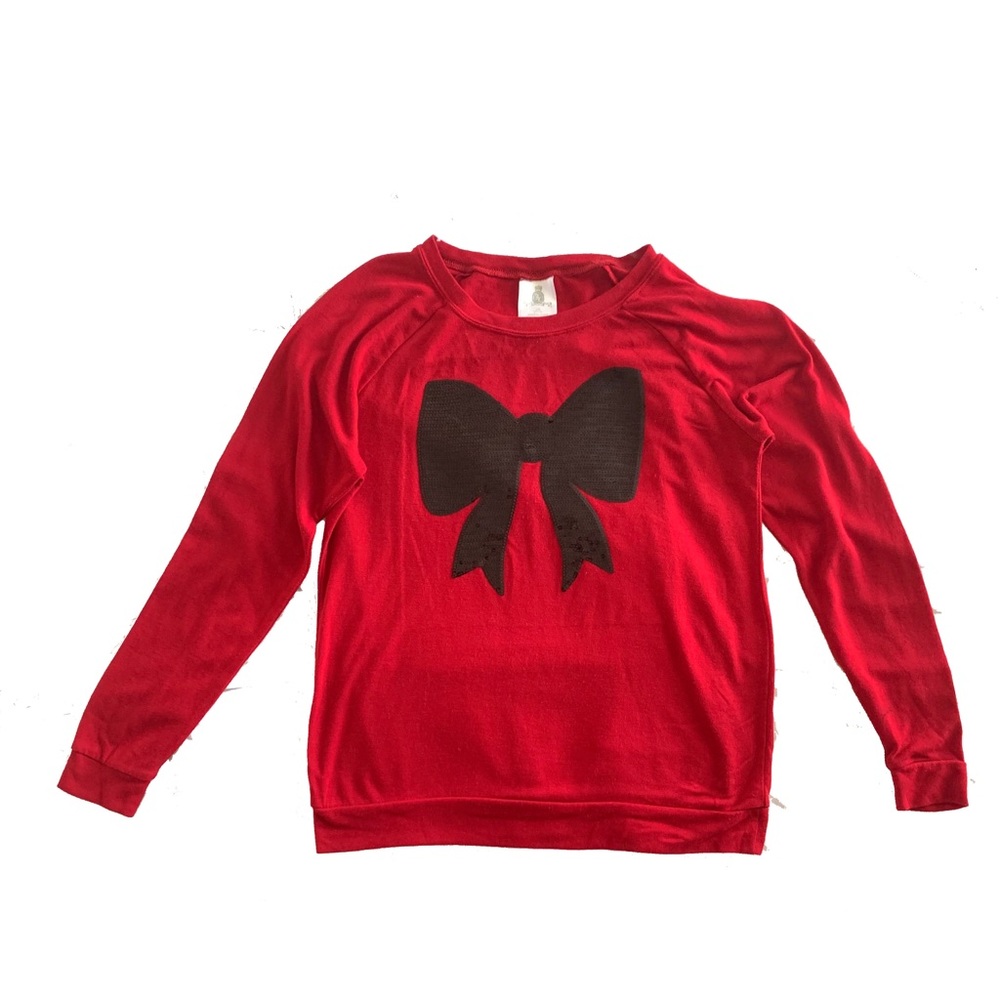 Red Long Sleeve Tee with Black Sequin Bow SZ L
